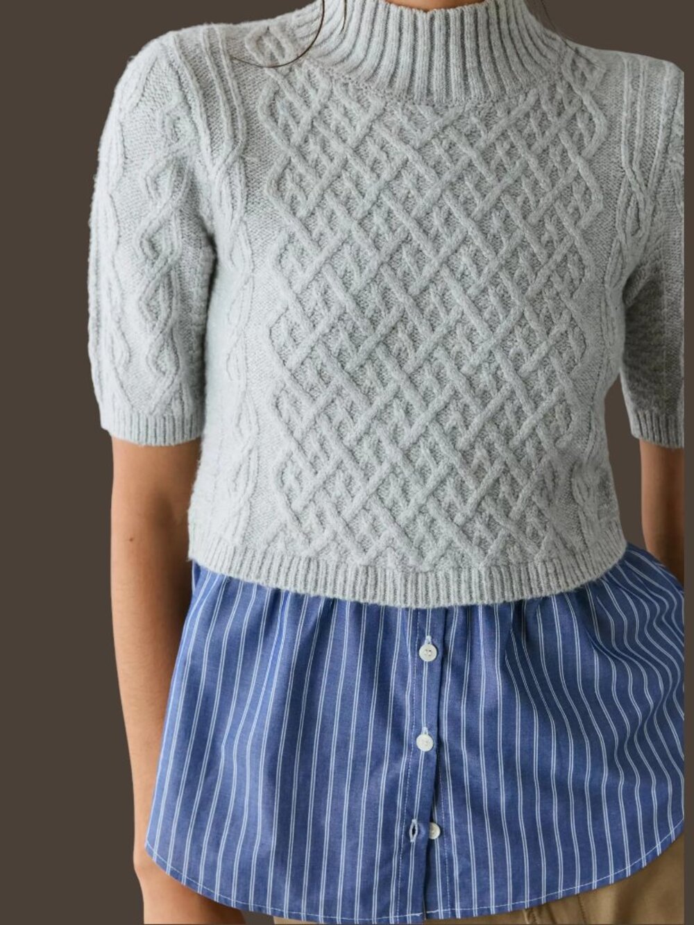 Anthropologie Maeve Melinda Cable Short-Sleeve Twofer Sweater Grey Blue Medium - Picture 7 of 12